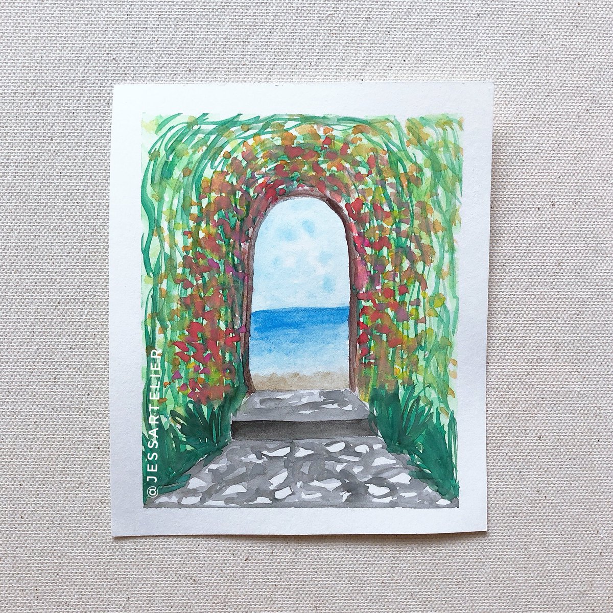 jessartelier's tweet photo. Day 2/30.
Here’s a garden arch with the view of the sea peeking out. I miss summer already 😞

#dailyart #paintdaily #painting #art #watercolor #watercolorpainting  #artoftheday #makeart2020 #30daychallenge #30daysofart #artist #artwork #paint #creative #artoftheday #garden https://t.co/TtETHloWqA
