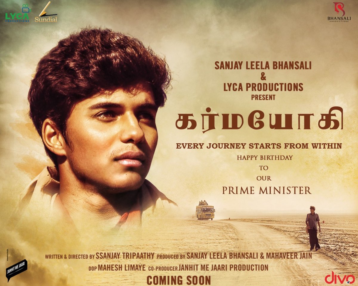 LycaProductions's tweet photo. As mark of it’s love and respect for the Prime Minister Shri @narendramodi ji on his 70th birthday @LycaProductions is Privileged to present ‘Karmyogi’ -Tamil along with legendary film-maker #SanjayLeelaBhansali produced by #MahaveerJain directed by #SsanjayTripaathy #HBDDearPM https://t.co/5tv8nHC1DJ