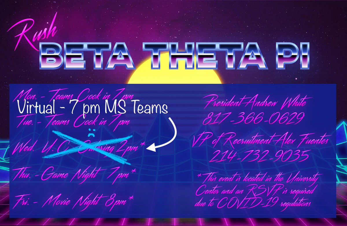 UPDATE: Today’s rush event has been moved to virtual, we’ll be meeting through MS Teams at 7 pm this evening! We hope y’all can come hang out with us!

Use this link to join:
bit.ly/2RmJ9sq

See y’all there!