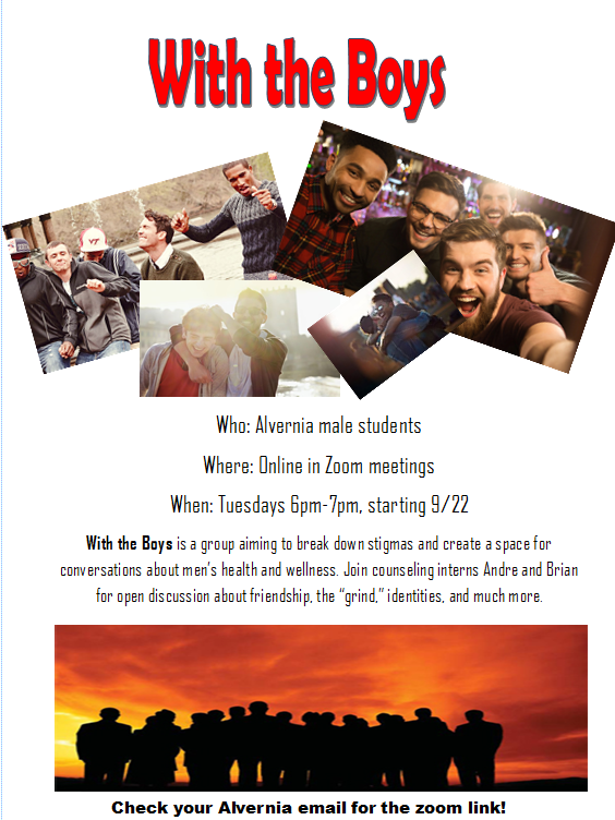 HWCAlvernia's tweet photo. Tuesdays are for the boys! With the Boys is a men's support group lead by the counseling services team to help guys connect and talk about health and wellness. The first meeting is on 9/22 at 6 pm, tell your friends! https://t.co/t4dxePrLzJ