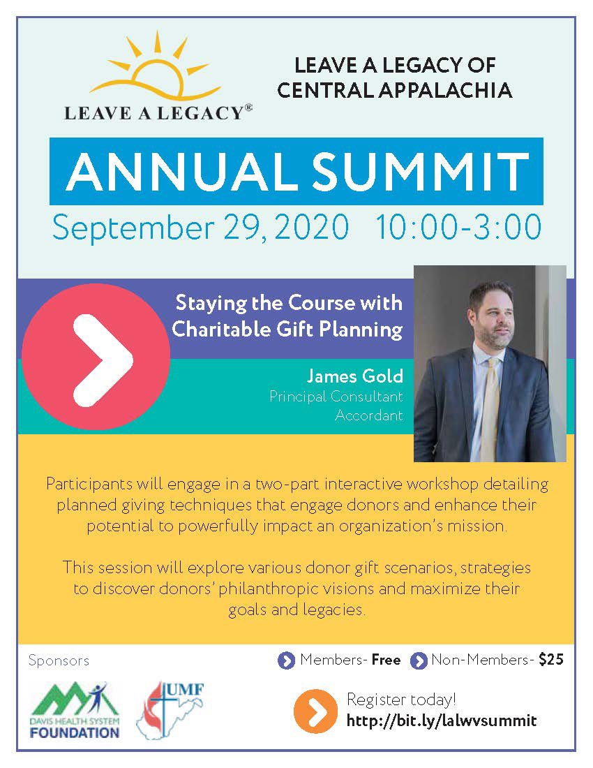 FoundationDHS's tweet photo. Join Leave a Legacy of Central Appalachia/Charitable Gift Planners of WV for our 2020 Annual Summit featuring James Gold, Principal Consultant with @AccordantHealth. https://t.co/RSHUCFddL5