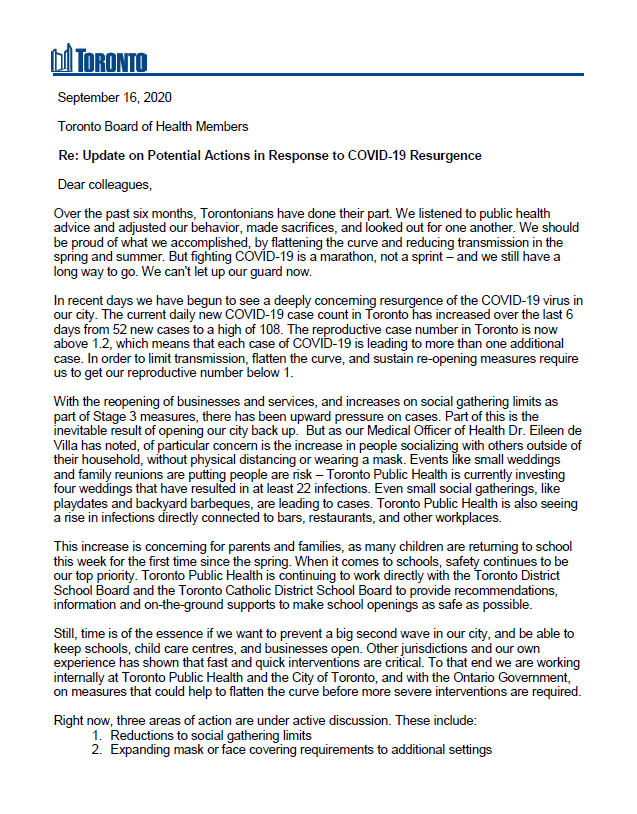 Torontonians have already sacrificed a great deal in our fight against COVID-19. But this is a marathon, not a sprint. My letter to the Board of Health on actions the City and  @TOPublicHealth will be implementing in response to the recent resurgence of cases: