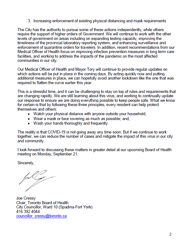 Torontonians have already sacrificed a great deal in our fight against COVID-19. But this is a marathon, not a sprint. My letter to the Board of Health on actions the City and  @TOPublicHealth will be implementing in response to the recent resurgence of cases: