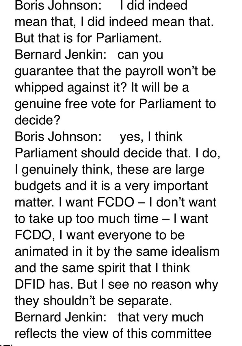 Quite important that although @BorisJohnson has merged Foreign Office and the Department for International Development, he promises Liaison Cttee he won’t block MPs if they want to retain a separate International Development Cttee in Commons. See attached