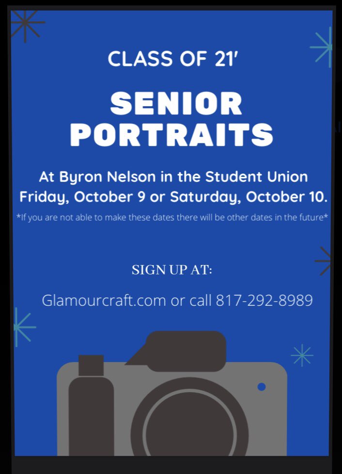Class of 2021 SENIORS please sign up for senior portraits in October! You can sign up online or call now!