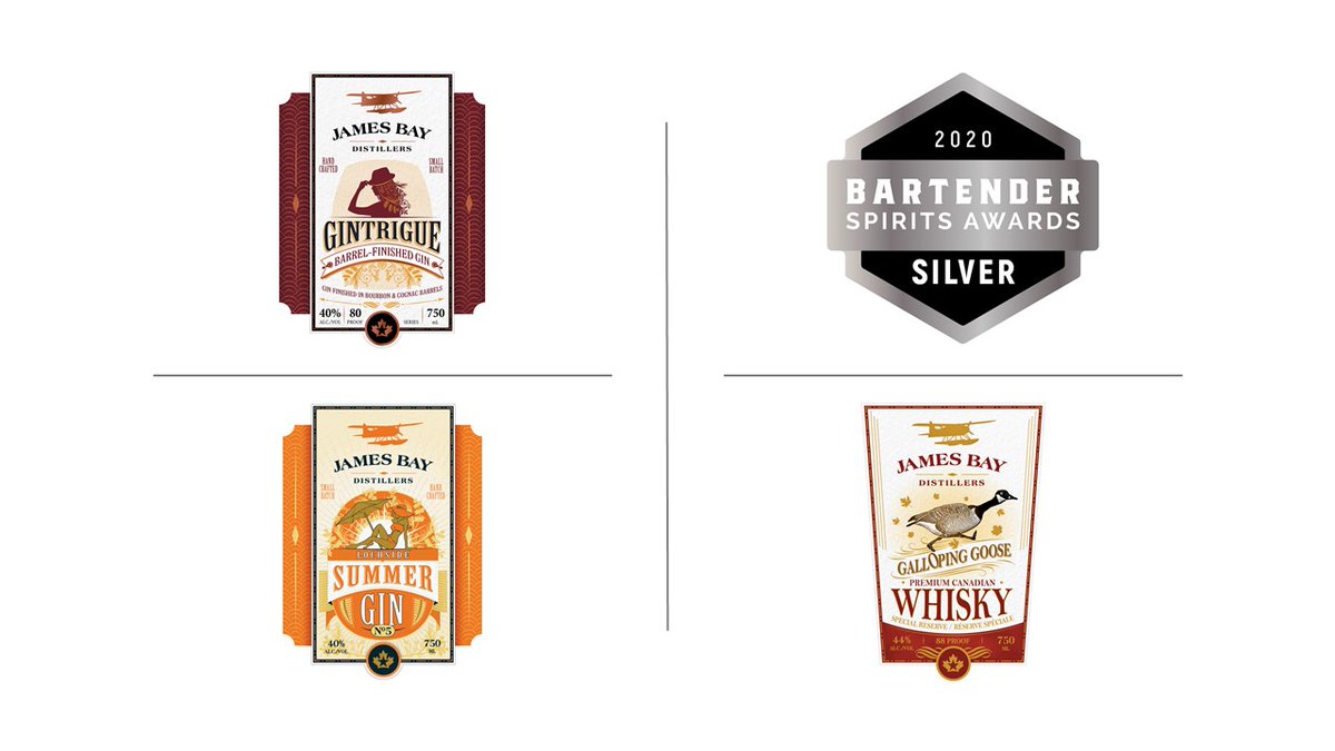 JamesBayDistill's tweet photo. And... more awards! This time 3 silver medals from @BartenderAwards for #GallopingGoose #whisky, #GIntrigue #gin and #SummerGinNo5! Open today 12-5, and online 24/7: shipping to WA, AK, NV, ND and DC. In Virginia: call your ABC for #GallopingGoose and #SummerGinNo5 https://t.co/QPNcjg6s1r
