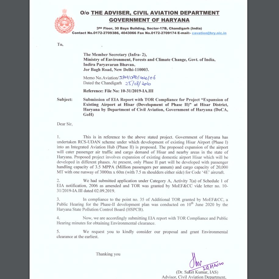 cbdhage's tweet photo. #INPROJECTUPDATE
DEPARTMENT OF CIVIL AVIATION, #HARYANA applied for Environmental clearance for Expansion of Existing Airport at #Hisar (Development of Phase II). #AIRPORTS https://t.co/YnAS72clKx