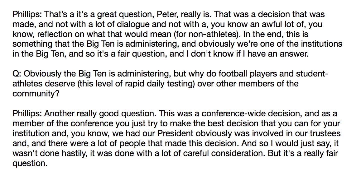 ellabrockway's tweet photo. In today's presser, @thepeterwarren asked a question we've heard from many NU students (after admin said it wasn't safe for half the student body to come to campus): What would you say to non-athlete students who aren't getting the same testing as athletes?

Jim Phillips' answer: https://t.co/5Su2qJcKbH