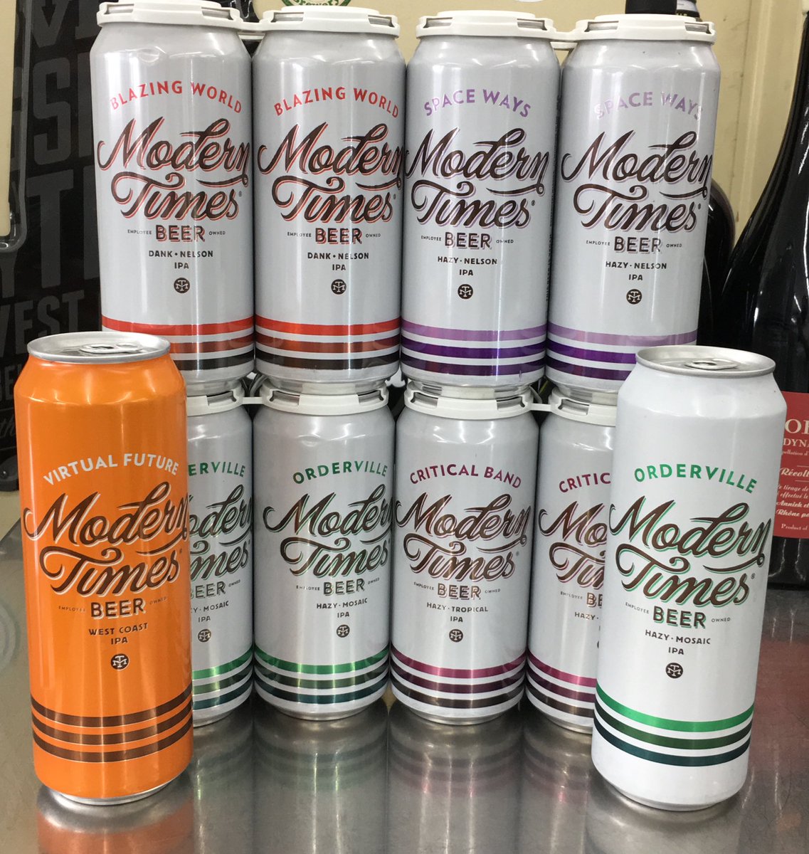 SunriseMiniMart's tweet photo. In now @moderntimesbeer #blazingworld #nelsonipa #spaceways #hazynelsonipa #orderville #hazymosaicipa #criticalband #hazytropicalipa #virtualfuture #westcoastipa #sunrisebottleshop https://t.co/XwAOmFEymB