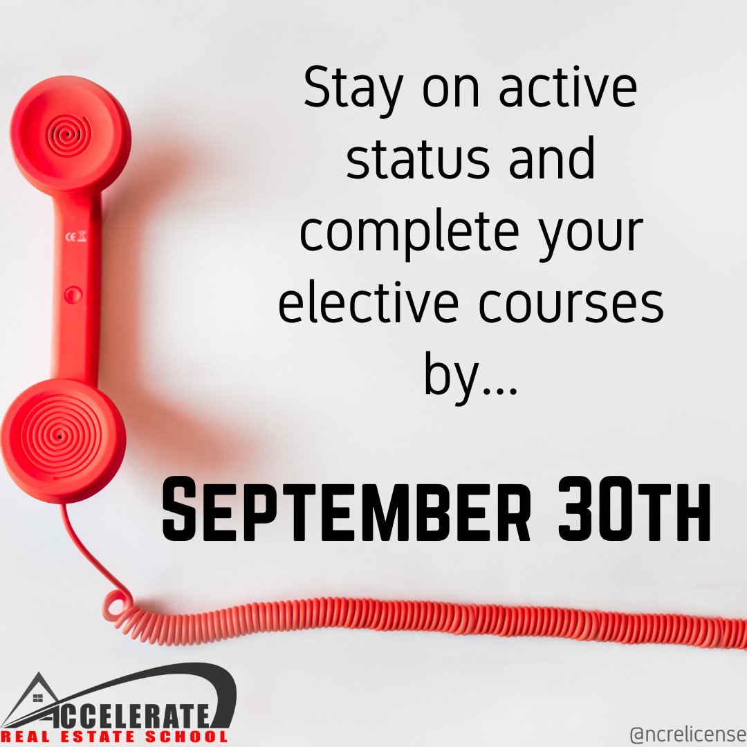 Stay on active status. Don't wait-register for classes before September 30th 👉 zcu.io/E8Wi 
.
.
.
#acceleraterealestateschool #realestateschoolnc #ncrelicense #ncrealtors #caryrealtors #hillsboroughrealtor #durhamrealtor #raleighrealtor #greensbororealtor