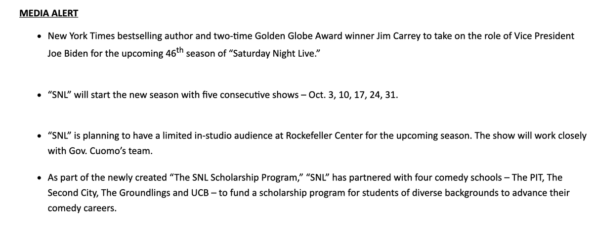 ditzkoff's tweet photo. Lots of news out of @nbcsnl:

*Jim Carrey will play Joe Biden

*season will start with five consecutive new shows

*will have a limited live studio audience at Rockefeller Center https://t.co/uhKVx60Zqz