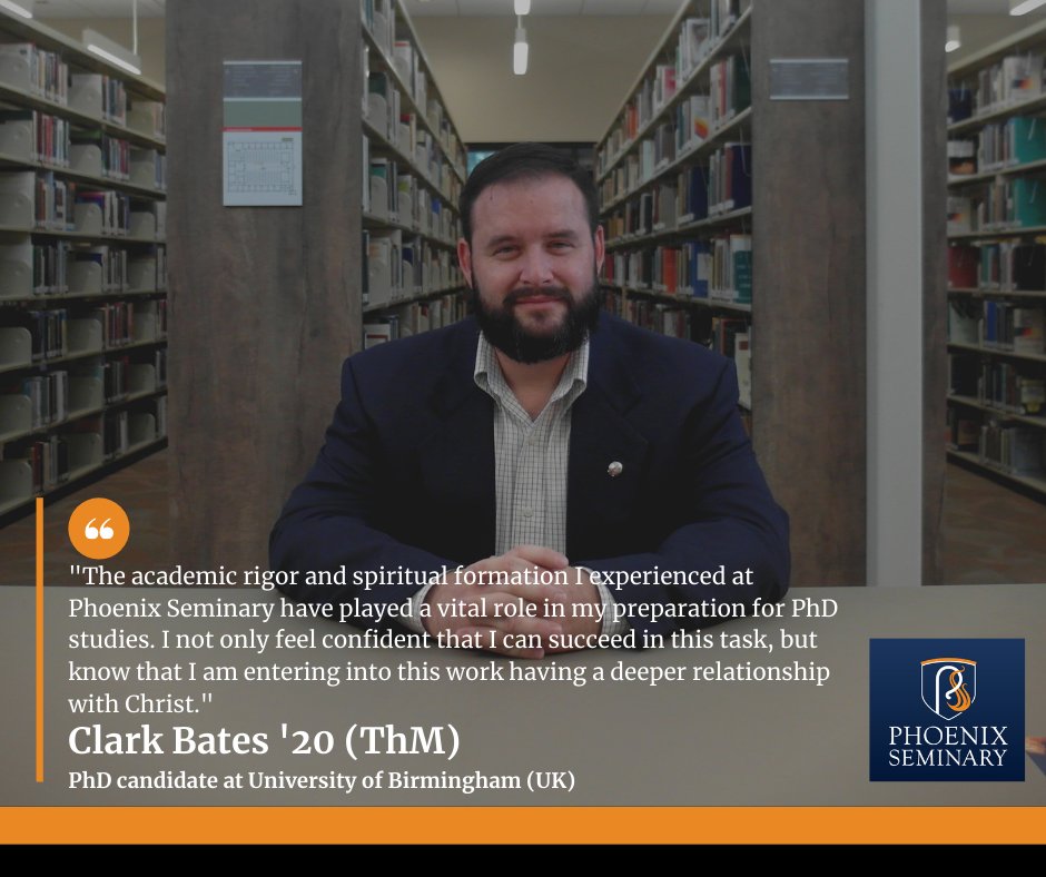 PhoenixSeminary's tweet image. #PSalumni spotlight: Clark Bates graduated with his ThM last May and is pursuing PhD studies at the University of Birmingham (UK). We’re proud of alumni like Clark who exhibit scholarship with a shepherd’s heart. Pray for Clark and his family as they move across the pond.
