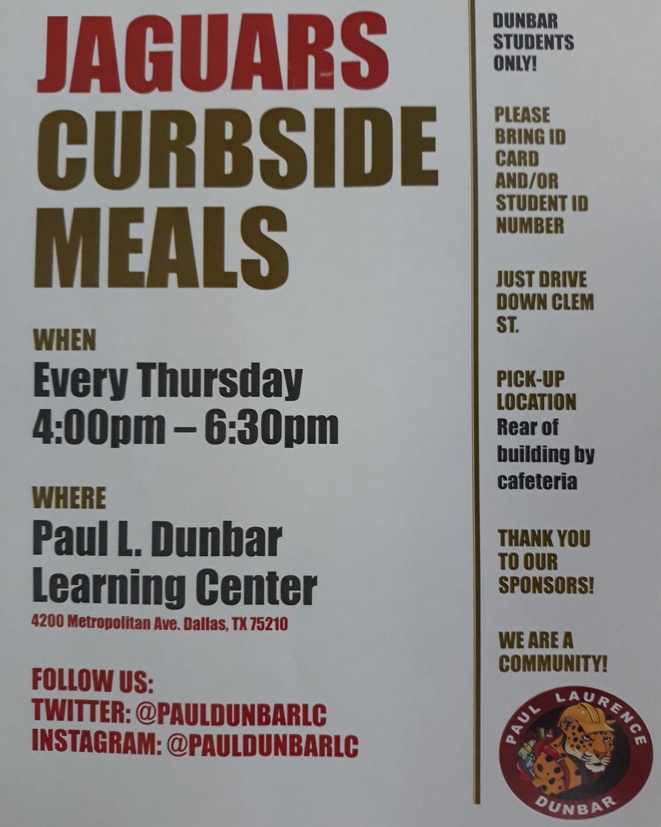 We will start our curbside meals distribution this Thursday on 9/17/2020. Please see the attached flyer for details. See you there! @dallasschools @dallasisdparent @FrazierRevital