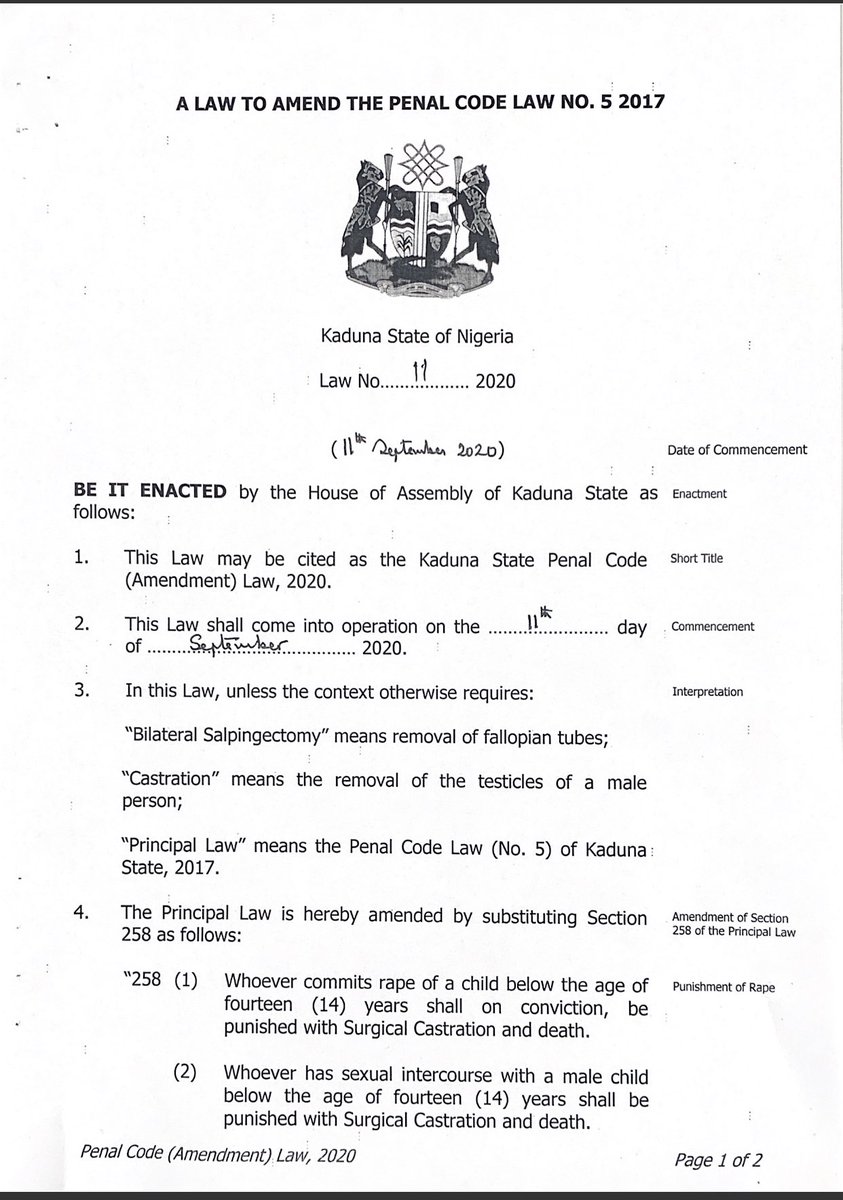 Malam Nasir @elrufai has signed the Kaduna State Penal Code (Amendment) Law 2020 which provides stiff penalties upon conviction for the rape of a child, including surgical castration for male convicts and bilateral salpingectomy for female convicts https://t.co/m86UXi4dEg
