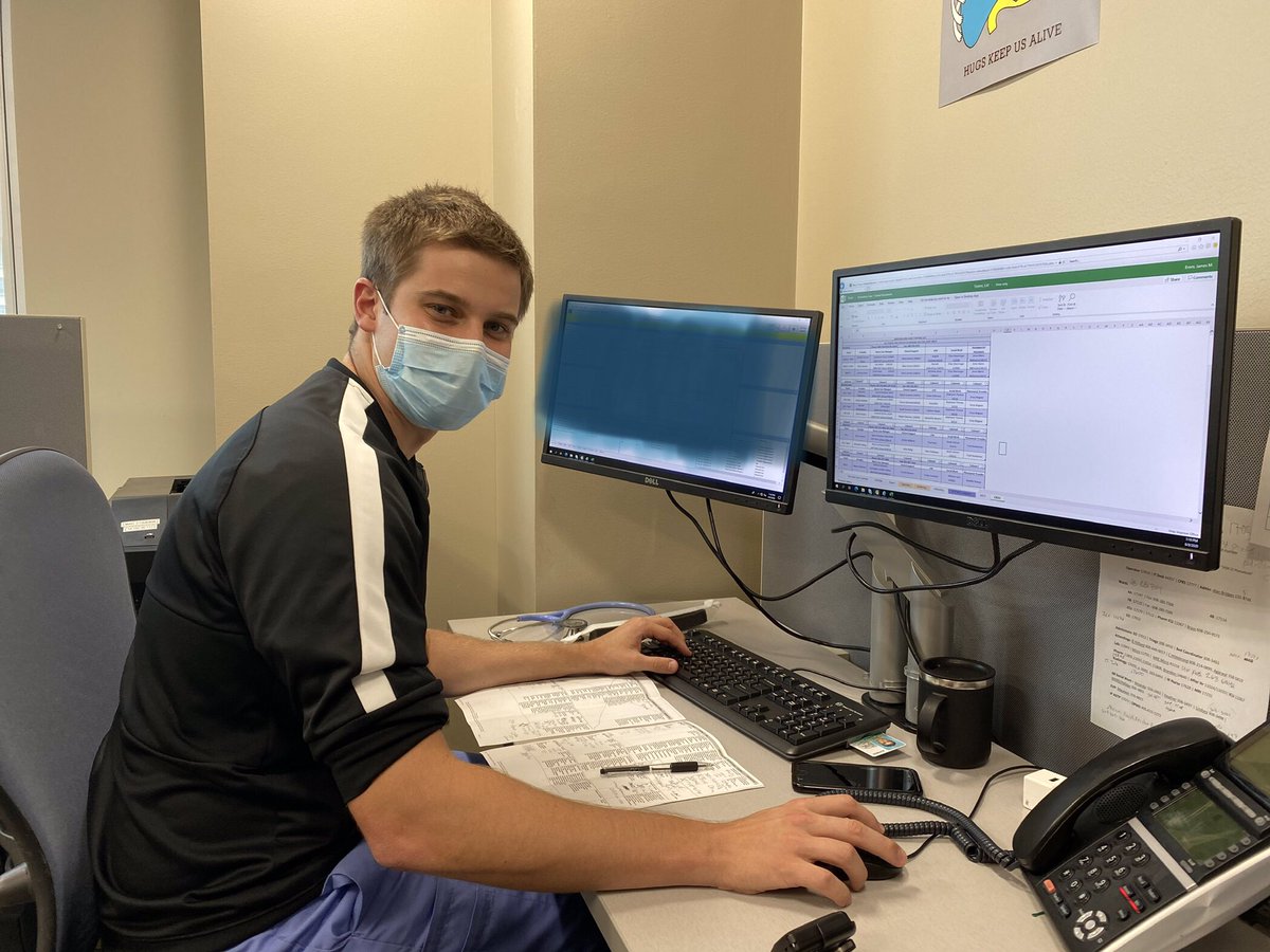 “Not pictured (due to PHI) is Jimmy working on his POCUS skills today (I promise he is smiling under that mask ). Lucky to have a resident-led POCUS curriculum at UW IM! Check it out  @WisconSono “