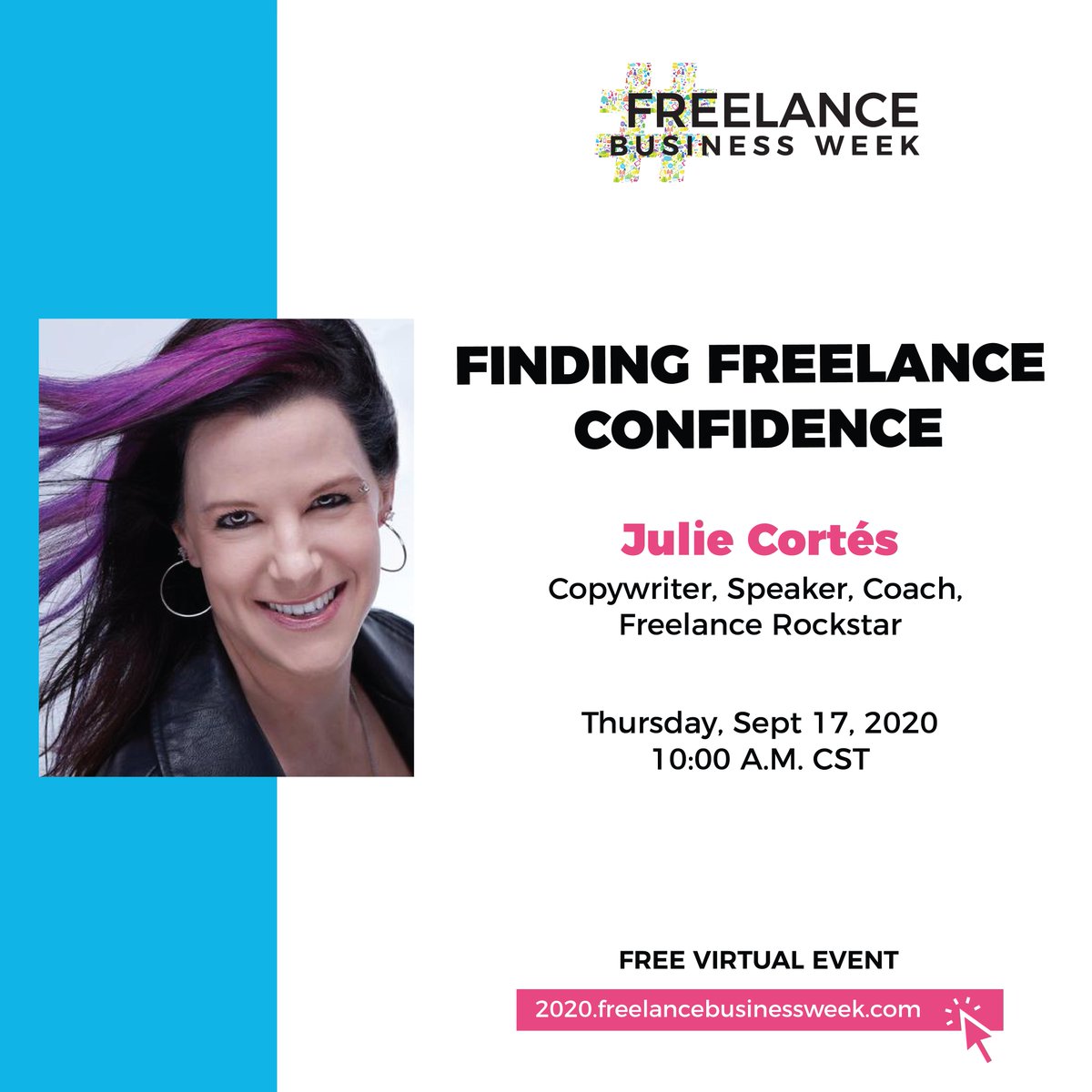Come learn about Finding Freelance Confidence presented by <a href="/kccopydiva/">Julie Cortés Freelance Rockstar</a> tomorrow, Sept. 17th, 10 am CST, during @freelancebizweek. This virtual event is FREE to attend. But ya' gotta register! 

#freelancers #freelancetips #fbw2020 2020.freelancebusinessweek.com/talks/finding-…