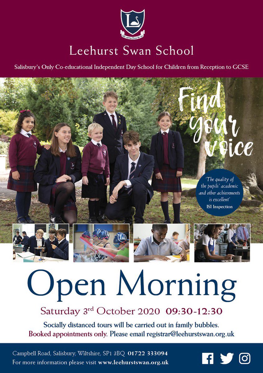 No prospectus or website can fully capture the spirit of Leehurst Swan.  The best way to gain an insight into the vibrant life at our school is to visit.
Our next #OpenMorning is on 3 October #ResultsThatMatter #FindYourVoice #SalisburyHour #Salisbury