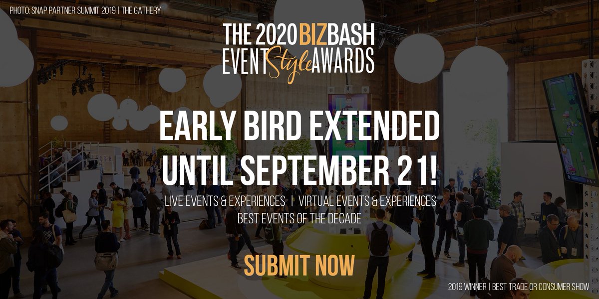 EARLY BIRD EXTENDED! You now have a few more days to show us your best work (and save some major dollars) with the 2020 BizBash Event Style Awards. The Early Bird deadline is now September 21 at 11:59pm ET. Submit now: bizbash.com/awards 

#bizbash #bizbashawards #eventprofs