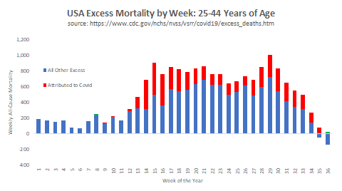 Only 1/4 of the excess mortality seen among young adults has been attributed directly to Covid. The remaining 13K unexplained deaths must be due to panic.