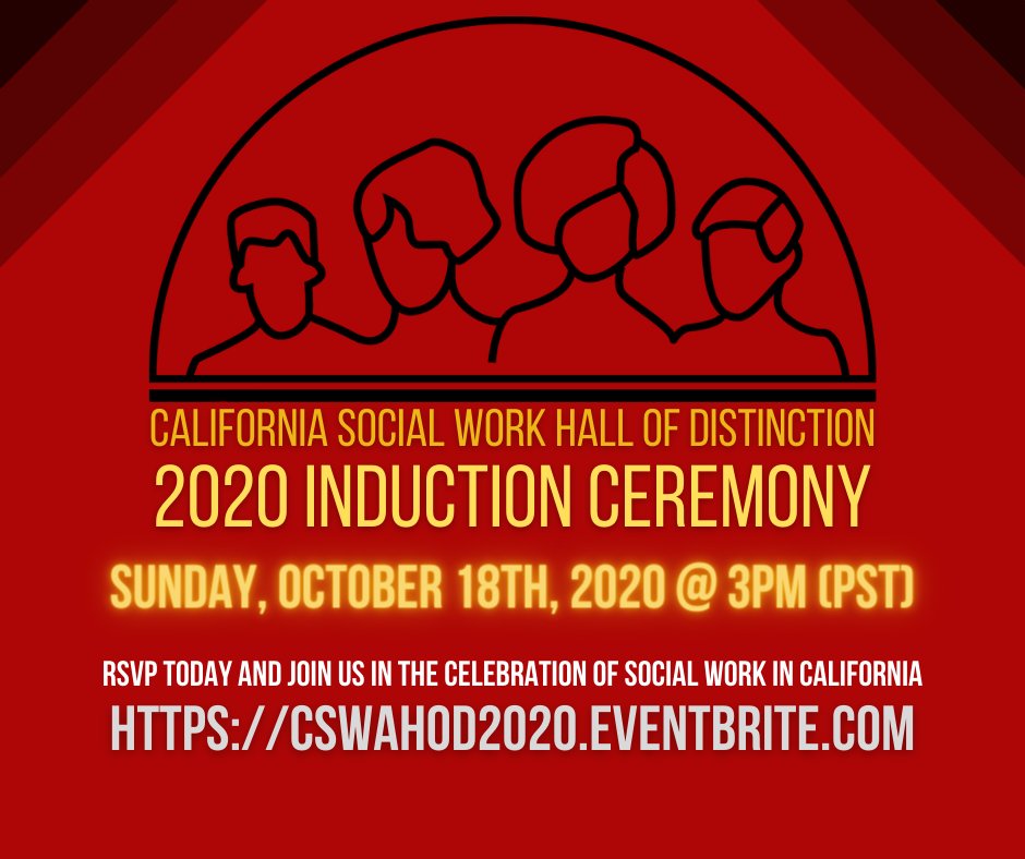 CSWA_HoD's tweet photo. The social work Hall of Distinction 2020 Induction Ceremony is almost here! @absws_msu @UCLALuskinSW @SDSUSocialWork @CSUSBSocialWork @HSUSocialWork @CSUNMSW @stan_state @sjsuSWGSA @berkeleysocwel @CalSWEC @uscsocialwork @naswca RSVP today https://t.co/TxWmZGTqFP Space is limited https://t.co/GNF6iCW27G