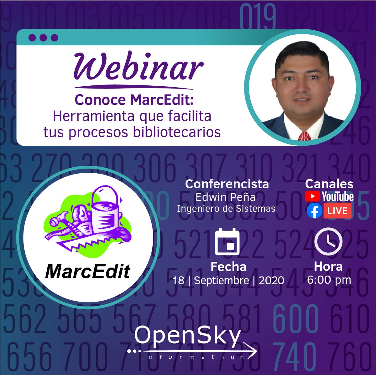 OpenSkyInfo's tweet photo. El próximo viernes 18 de septiembre, estás cordialmente invitado a nuestro próximo #WebinarTaller #Gratuito enfocado en el área de la #bibliotecología: “Conoce #MarcEdit: herramienta que facilita tus procesos #bibliotecarios”.
➡️https://t.co/RLjZyQdvoU https://t.co/9RqSGw3NXi