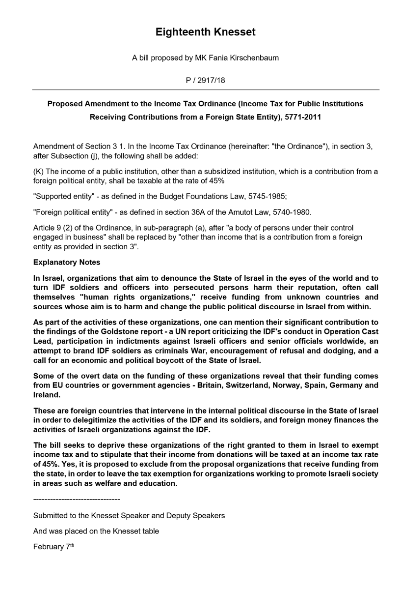 November 2011: MK Kirshenbaum from Yisrael Beiteinu re-introduced a proposal to set a crippling 45% taxation rate on the donations by foreign governments to Israeli human rights NGOs - not after having tried set a Knesset probe on NGO funding 5.c/