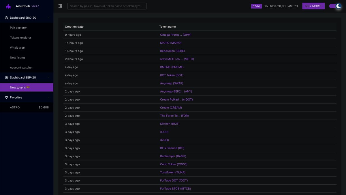 Astro_Tools's tweet photo. #AstroTools with another AWESOME 🌈 update for you.

Here's what's new in V0.3.0:

Due to popular request, we've snuck in a new Binance Smart Chain BEP-20 New Tokens screen so you can monitor new projects on the chain!

Now you'll know what's next after $BAKE!

Hi @cz_binance! 👋 https://t.co/LNkfyKl9TV