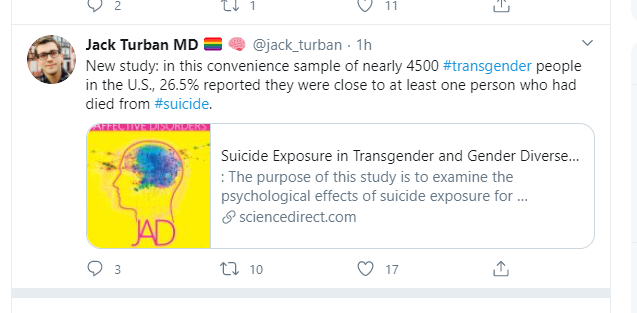 No doubt Harvard's  @jack_turban has reason to worry about trans people. Many teens in gender clinics present with a host of problems but is there any good data on how much suicide risk is *because* of trans issues versus, say, autism, same-sex attraction or family trauma? 1/