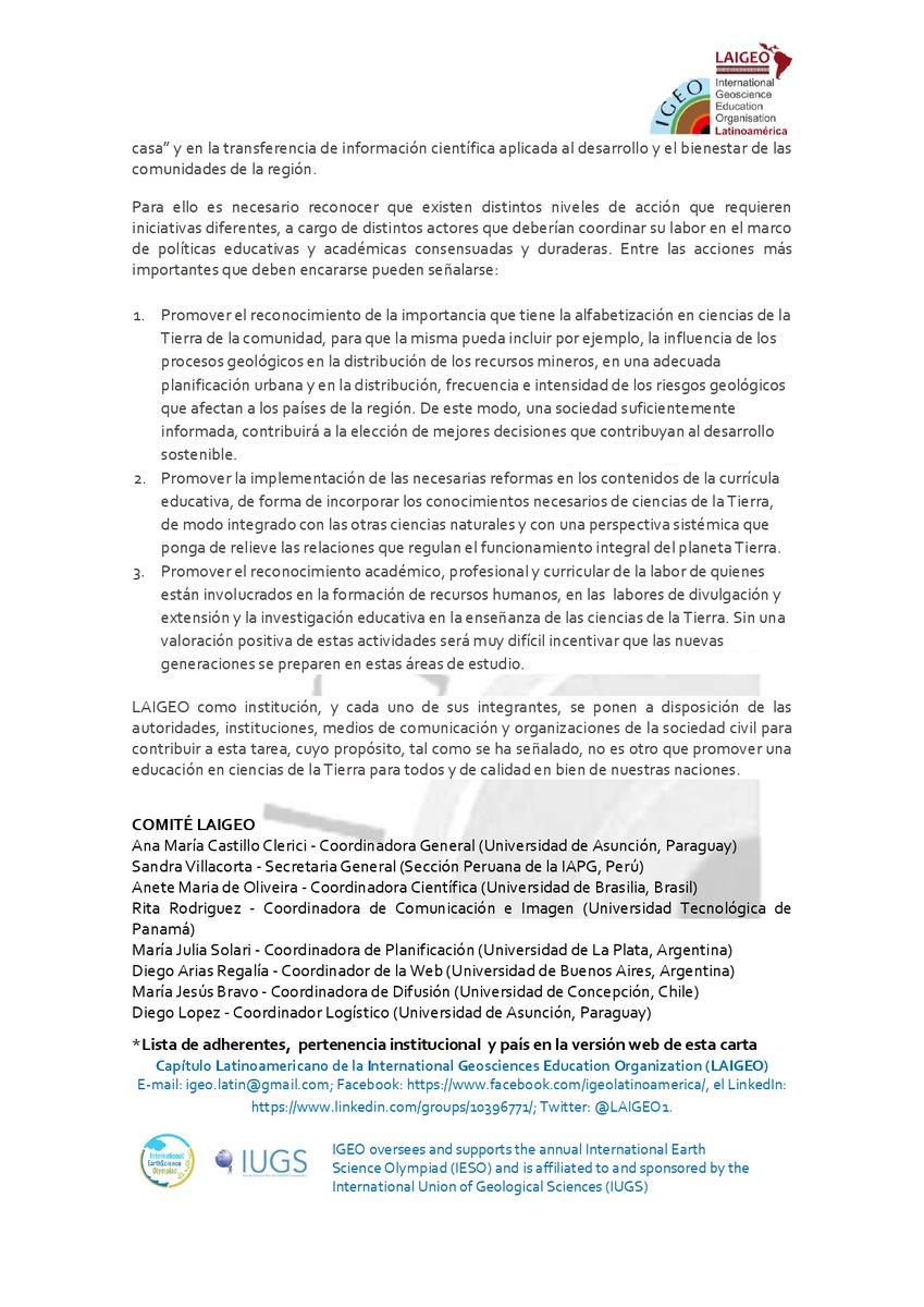 #CartaAbierta sobre la problemática en la #educaciónengeociencias en #AmericaLatina y #elCaribe   de #LAIGEO: laigeo.cloudaccess.host/destacados/158…
Otros adherentes pueden inscribirse aquí: docs.google.com/forms/d/e/1FAI…