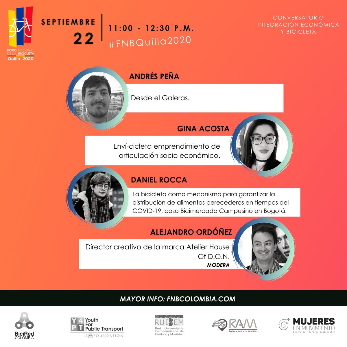 ¿Puede la bici ser una herramienta para tu emprendimiento o proyecto social?  Pues traemos para ti 3 casos reales de colombianos que nos contarán de sus experiencias. ¡Escuchalos! el MARTES 22 de septiembre por nuestro Facebook y Youtube Live. #FNBQuilla2020