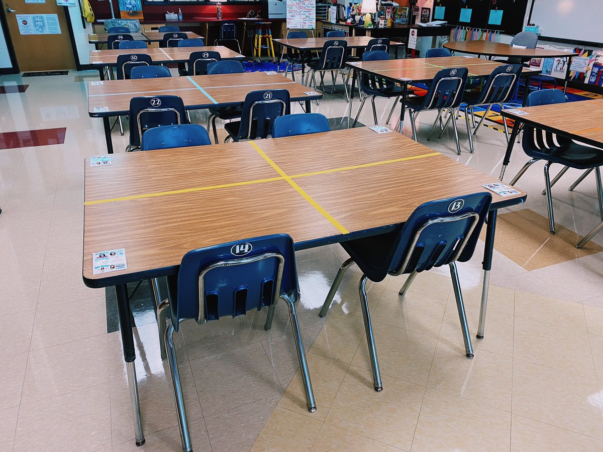 I spent the day preparing my classroom for Phase 3! 😄 All of the tables have been sectioned off, all of the chairs have been numbered (for contact tracing), and all four corners of the tables have a few friendly reminders about staying safe. Happy Wednesday! 😷🧼🦠