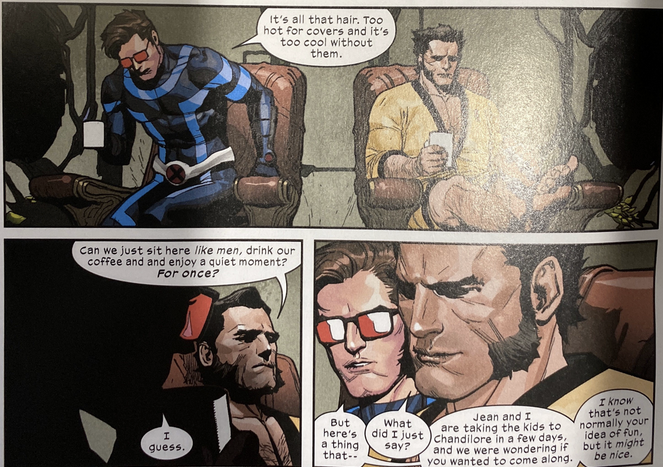 It is NOT cannon that Scott/Jean/Wolverine are in a throuple….It IS cannon that the Summers family now lives on the moon… and Logan lives in their house… and he, Scott, and Jean have individual bedrooms with adjoining doors… and Logan and Scott had this conversation…