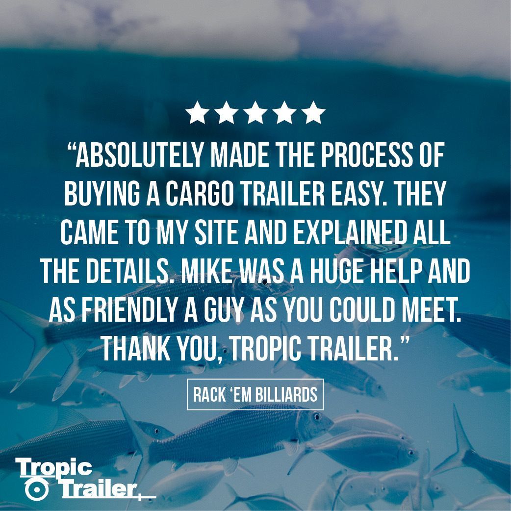 TropicTrailer's tweet photo. For whatever type of trailer you are looking for, we are here to help. Thank you for your purchase and your review Rack'em Billiards! #tropictrailer #cargotrailers https://t.co/lW1RfrPcMF