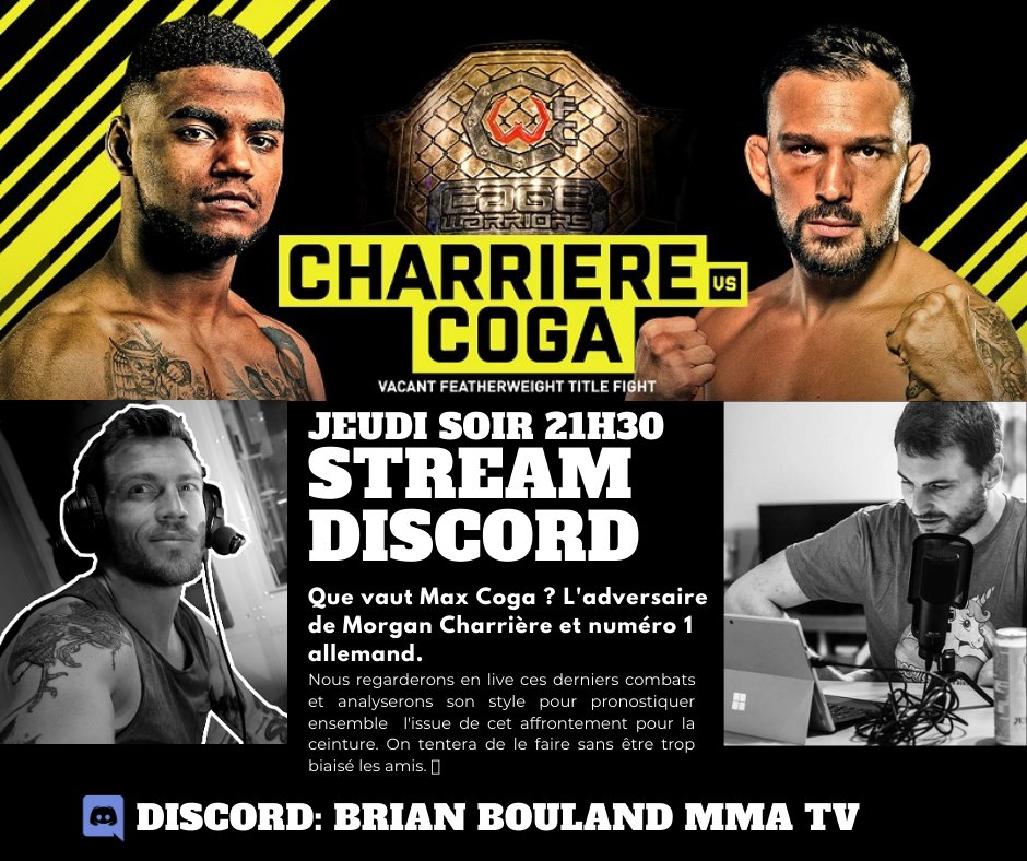 Ce jeudi soir 21h30! DISCORD MMA SPECIAL CW TRILOGY 

On se mate les derniers combats de <a href="/MaxCoga/">Mad Max Coga</a> l'adversaire n°1 allemand de <a href="/Morgan_Chapa/">THE LAST PIRATE 🏴‍☠️</a> 
Analyse live de son style de combat et pronos en compagnie du spécialiste @chrismilesmma 

⬇️⬇️⬇️
discord.gg/t7UZNAG