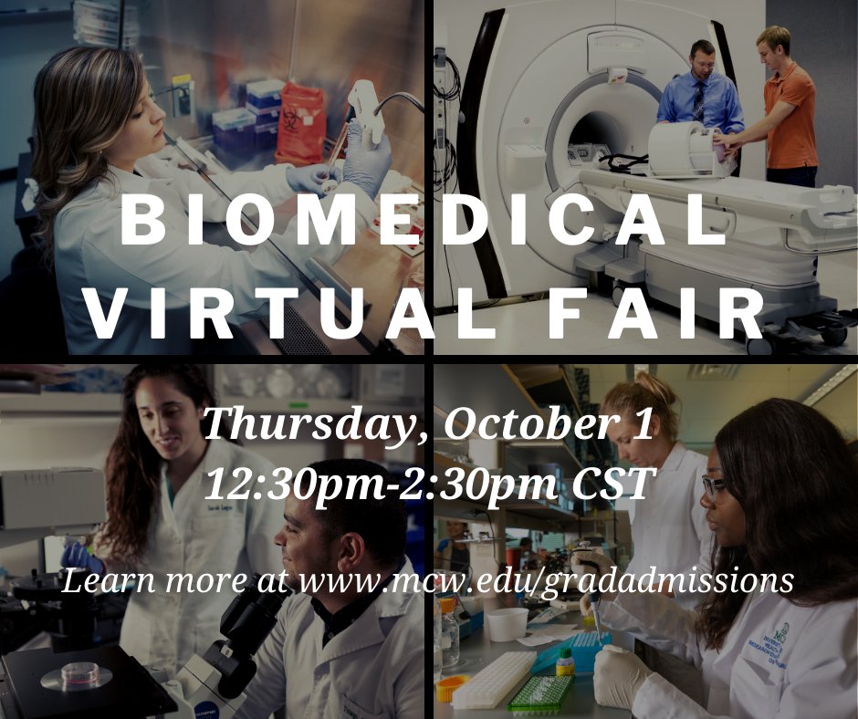 Join us on Oct. 1 for our biomedical virtual fair! Learn more about PhD programs offered by <a href="/MU_MCW_BME/">Marquette & MCW Joint Dept. of Biomedical Eng.</a>, <a href="/MCW_CBNA/">CBNA</a>, <a href="/MCWmicrobiology/">MCW Microbiology and Immunology</a>, <a href="/McwPharmTox/">MCW Pharmacology & Toxicology</a>, and more! Information about our @mcwspur experience will also be shared. Register at admissions.mcw.edu/register/fall2…
