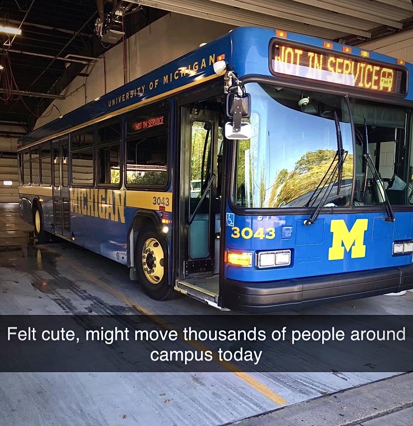 UMichBusDrivers's tweet photo. Did you know that we transport over 7 million passengers annually?  Passenger loads have been much lighter this year due to Covid-19 guidelines, but public transportation is still an important part of our community.  Let’s make Blue GO!  #sustainability #planetblue https://t.co/Mm0tsQhhZo