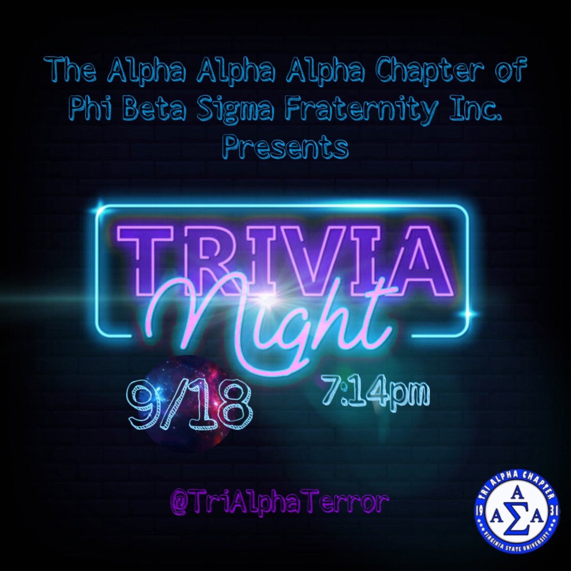 TriAlphaTerror's tweet photo. How well do you know your culture?! 🌍 Join us this Friday, September 18, 2020 for a night TriAlpha Terror Trivia 🗣. We will be covering a range of topics in Black Pop Culture from Muisc 🎵to Sports 🏋🏽 &amp; to TV Shows 📺. Lets see who knows the most about our illustrious people ✊🏾 https://t.co/8qv08lD0YM