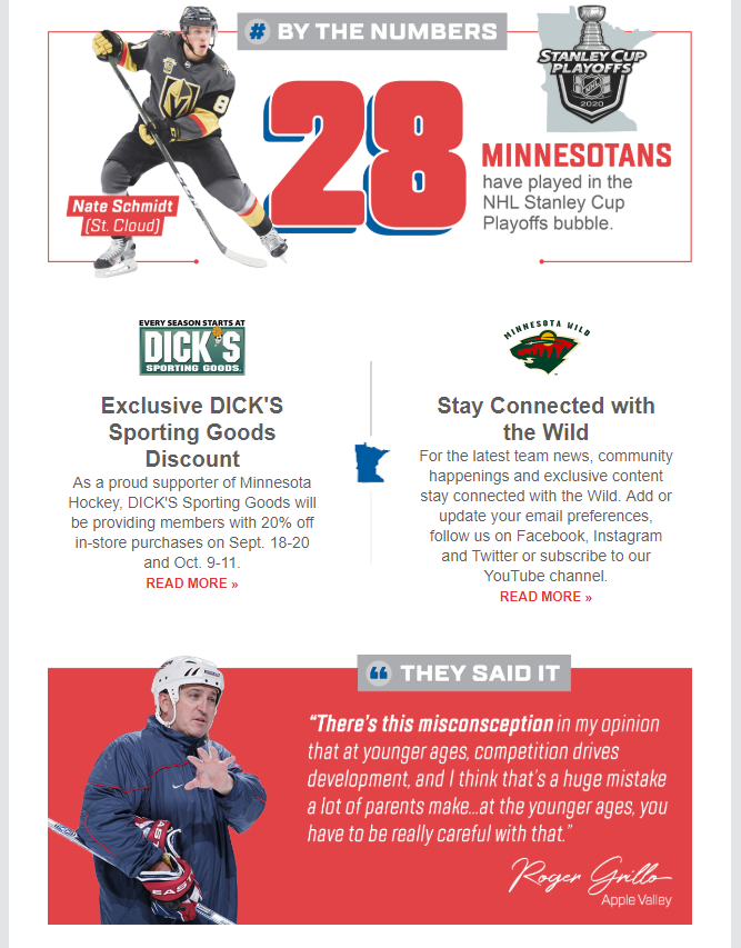 MinnHockey's tweet photo. Fresh look for our e-newsletter is hitting member inboxes this afternoon! Shout out to @TPMedia_Sports for their expertise and support throughout the process. https://t.co/AK1nvqeyMJ