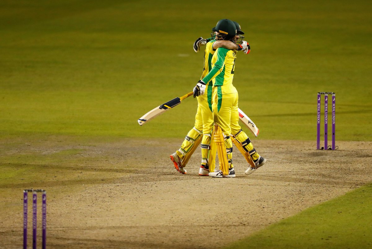 CricketAus's tweet photo. How good were these two?! 😍 

Centuries to Glenn Maxwell and Alex Carey helped us chase down a record total in Manchester, and seal the ODI series! #ENGvAUS https://t.co/ZzghV6gh5j