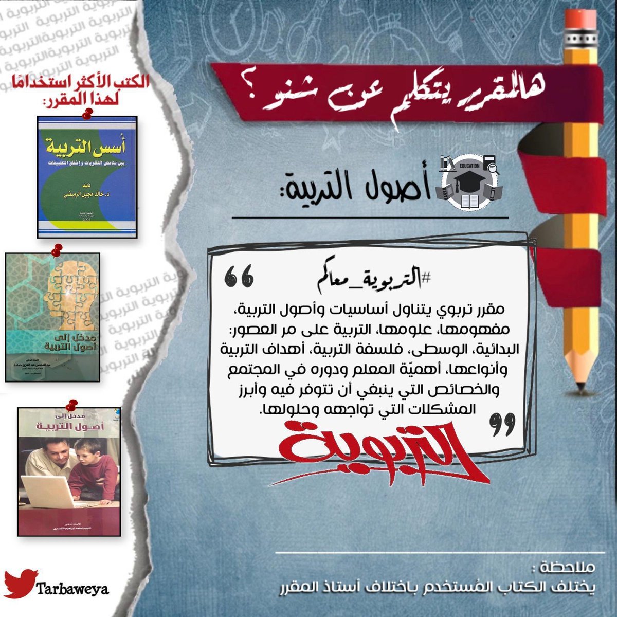 -التربية البيئيّة.
-أصول التربية.
-مبادئ إحصاء للعلوم الإنسانيّة.
-المفاهيم الرياضيّة المعاصرة.

#التربوية_معاكم ، #تعرف_مقررك؟
<a href="/tarbaweya/">التربوية 🌼</a> | ♥️💙
