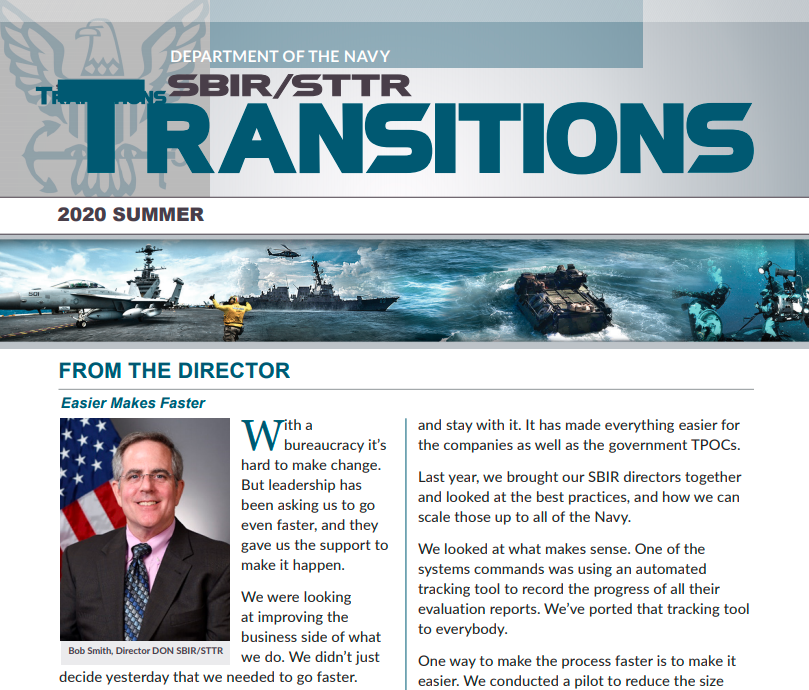 NavySTP's tweet photo. The Summer 2020 edition of Transitions Newsletter is now online. Learn about the latest #NavySTP class and discover how #NavyFST, government, and #defensetechnology industry experts have embraced informative online events: https://t.co/mmgIb39Q1o https://t.co/A0XnJONjU1
