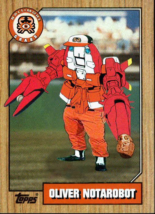 OK! Here it is, my first <a href="/BlaseballCrabs/">The Baltimore Crabs 🦀👁️</a> #blaseball card.

Celebrating everyone's favorite 100% organic being... it's, Oliver Notarobot for the Internet League Blaseball Season 6 Champs, *your* Baltimore Crabs!