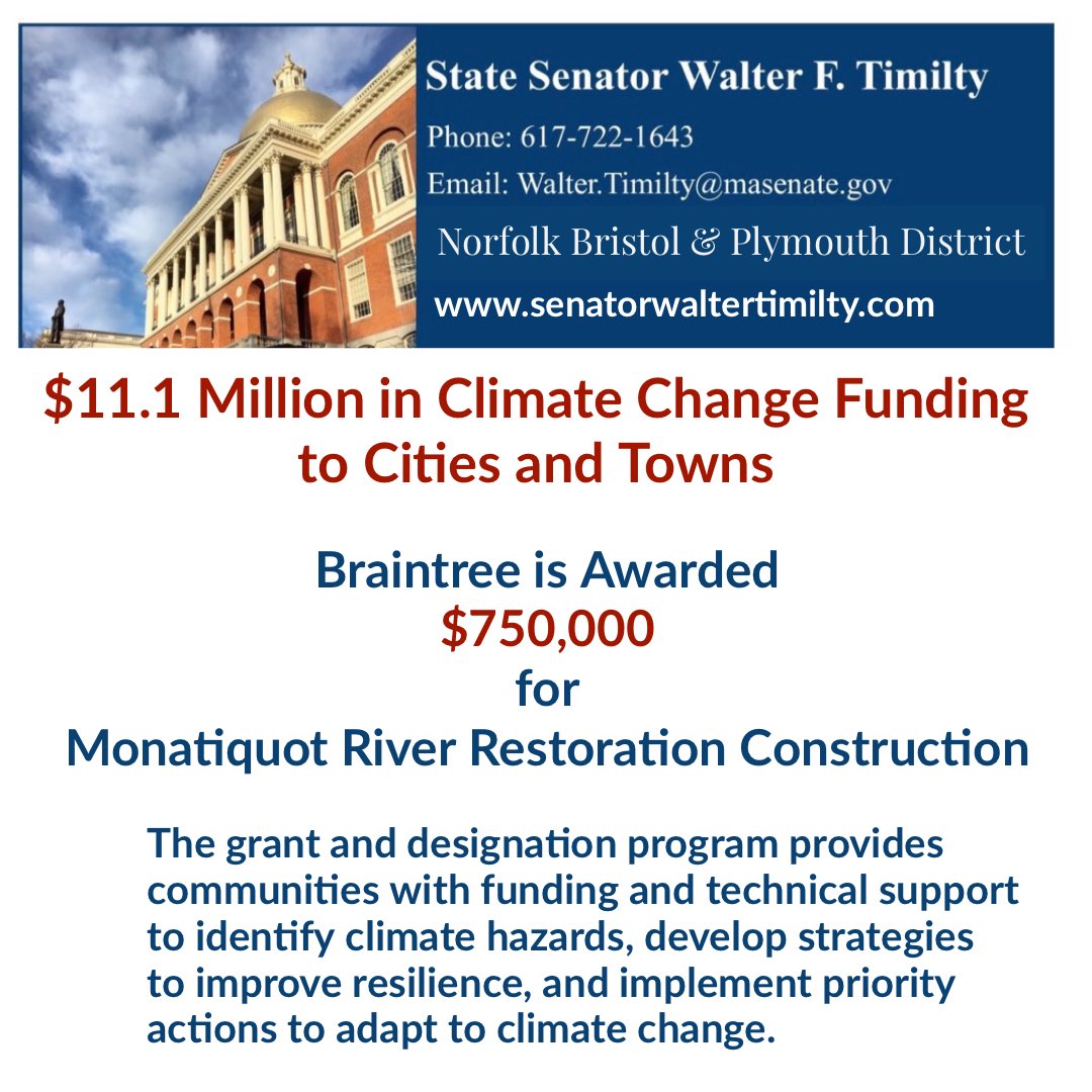 Walter F. Timilty (@walterftimilty) on Twitter photo Very pleased to see that the <a href="/townofbraintree/">Town of Braintree</a> was among the grant recipients of the Municipal Vulnerability Preparedness (MVP) Program, announced by the state today. #BraintreeMA is receiving $750,000 for renovations and construction along the Monatiquot River. Very pleased to see that the <a href="/townofbraintree/">Town of Braintree</a> was among the grant recipients of the Municipal Vulnerability Preparedness (MVP) Program, announced by the state today. #BraintreeMA is receiving $750,000 for renovations and construction along the Monatiquot River.