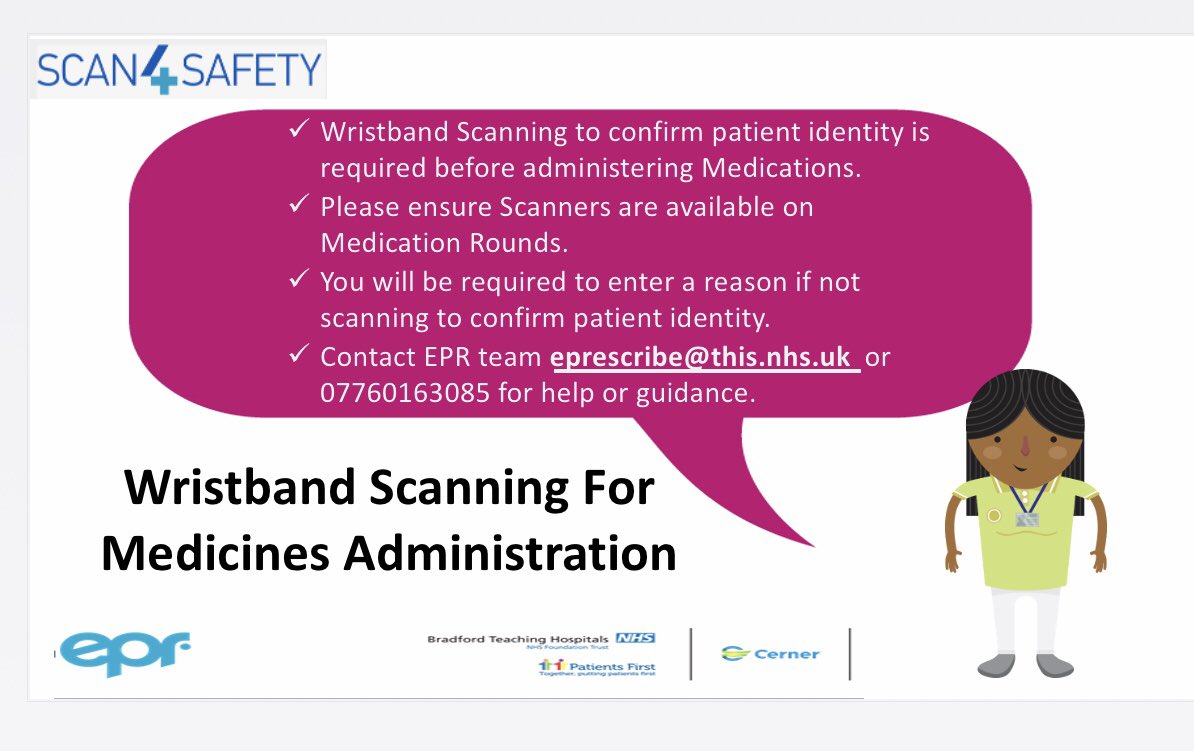 EPR_Pharmacist's tweet image. Have had a busy few days visiting wards across @CHFTNHS and @BTHFT promoting the use of wristband scanning to confirm patient ID before administering medicines #scan4safety