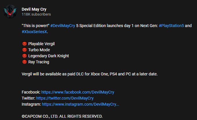 Devil May Cry Vergil Will Be Offered As Paid Dlc For Xbox One Ps4 And Pc At A Later Date Physical Version Of Dmc5 Special Edition Coming To