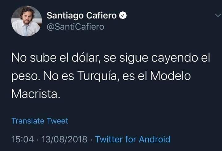 bigpotry's tweet photo. 2020 Modelo peronista 1 dolar = 130 pesos 

No lo digo yo sino Santiago Cafiero actual jefe de gabinete de la Nación 👏👏👏 @SantiCafiero https://t.co/7IBpNuajBL
