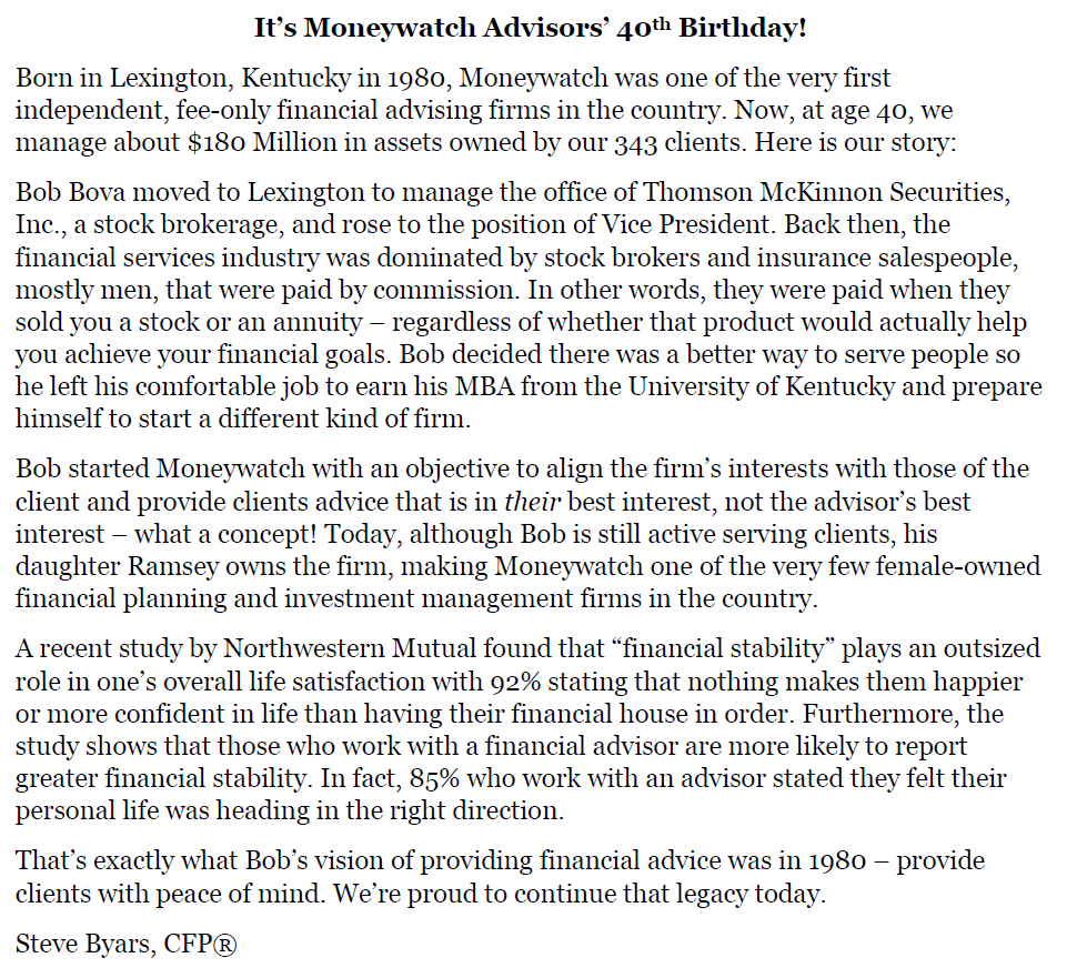 SRByars's tweet image. ICYMI: My blog this week: It's Moneywatch Advisors' 40th Birthday! This is our story from one of the country's first independent financial planning &amp;amp; investment management firms to one of the very few female-owned firms in the country: