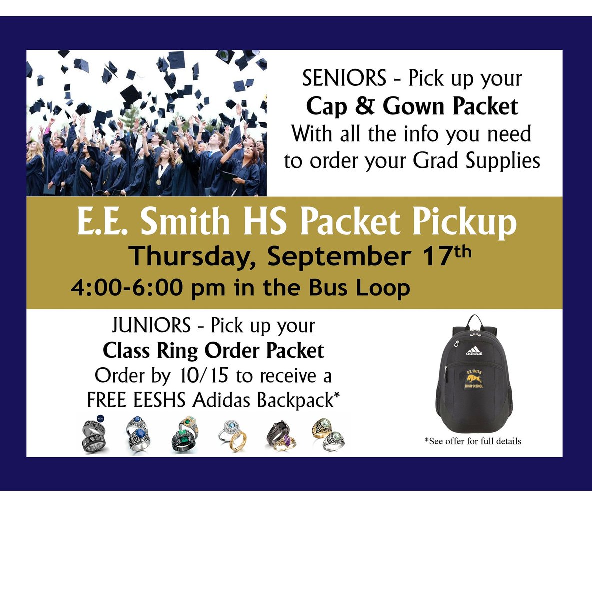 Tomorrow! 4-6pm. Drive thru packet pickup for Juniors and Seniors! #eesmith #goldenbulls #Classof2021 #classof2022 #graduation #classrings