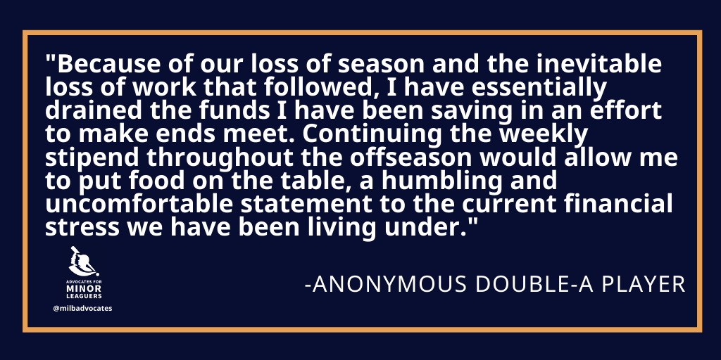 Milb_players's tweet photo. Baseball is a $10 billion industry. No Minor League player should have to worry about their next meal during normal times, let alone during a global pandemic. 

Extend the stipends through the offseason. https://t.co/GaKTDOc2qZ