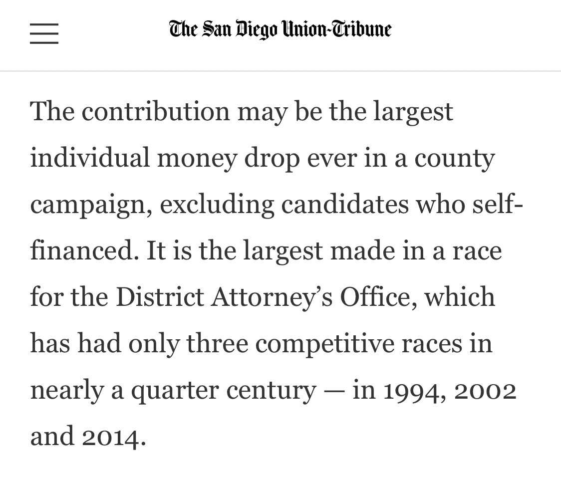 Here’s another DA race funded by Soros, one of the few that didn’t work out but it’s worth looking at the fact his spend was "the largest made in a race for the District Attorney’s office" in San Diego. This isn’t a conspiracy theory, this is & has been happening  @HARRISFAULKNER.